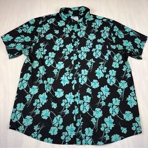 Hurley Black and Blue Hawaiian Floral Men's Button Up Shirt Size: XXL